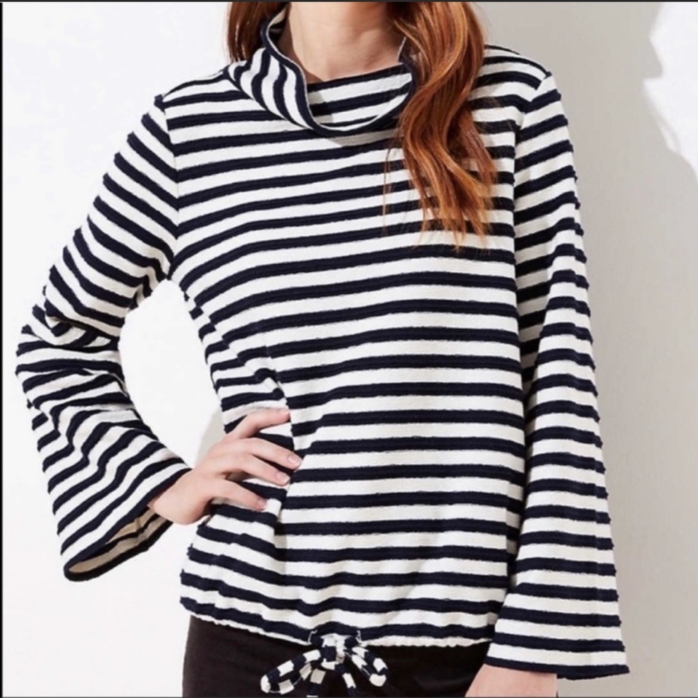 LOFT Navy/White Cinch Waist Cowl Neck Sweater